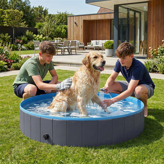 PawHut Foldable Dog Pool for Puppies and Ducks Dog Paddling Pool Bath Tub, Dark Grey, 140 x 30cm
