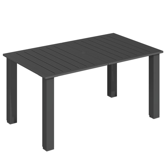 Outsunny Garden Table with Parasol Hole for 6 Person, Rectangle Outdoor Dining Table with Slatted Metal Tabletop, Steel Frame for Patio, Balcony, 150 x 90 x 73 cm, Black