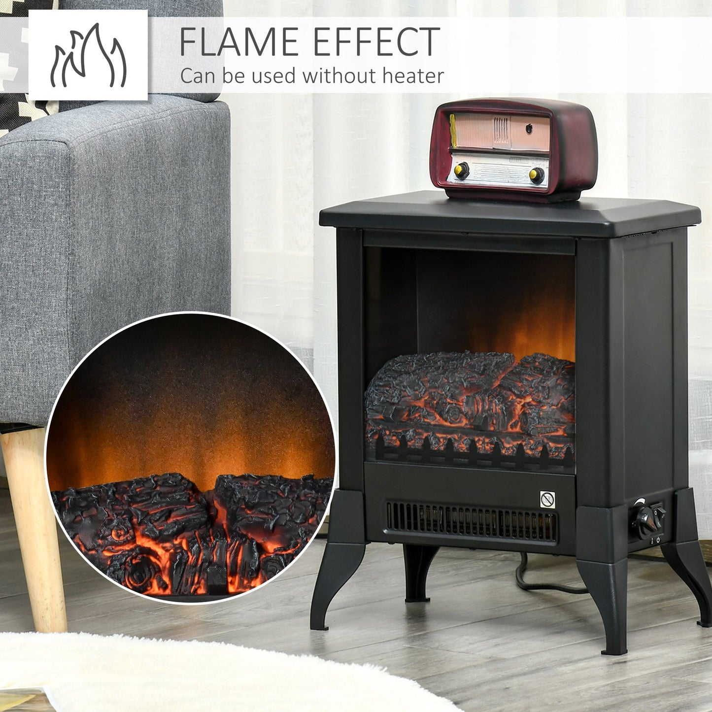 HOMCOM Electric Fireplace Stove, Free Standing Fireplace Heater with Realistic Flame Effect, Dual Power Settings (1800-2000W), Adjustable Temperature and Overheat Protection, Black