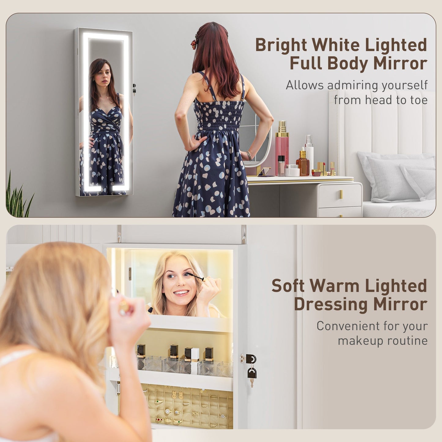 HOMCOM LED Mirror Jewellery Cabinet, Wall Mounted Full Length Mirror with Storage, Lockable Jewellery Organiser, White