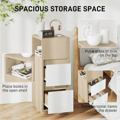 HOMCOM Slim Bedside Table, Narrow Bedside Cabinet with Open Shelf and 2 Drawers for Bedroom, Living Room, Natural Wood Finish
