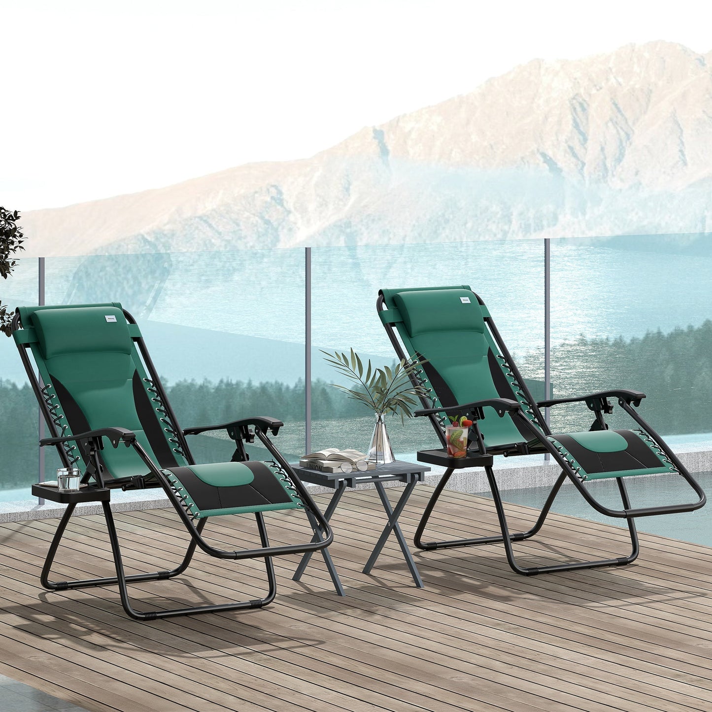 Outsunny Zero Gravity Lounger Chair Set of 2, كرسي قابل للطي للاسترخاء في الفناء مع مقعد مبطن، وحامل أكواب، ووسادة ناعمة ومسند رأس للمسبح، والتخييم، أخضر