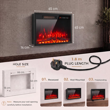 HOMCOM Electric Fireplace Insert, Recessed Electric Fire with Adjustable Flame Effect, Timer, Remote, 750W/1500W, Black