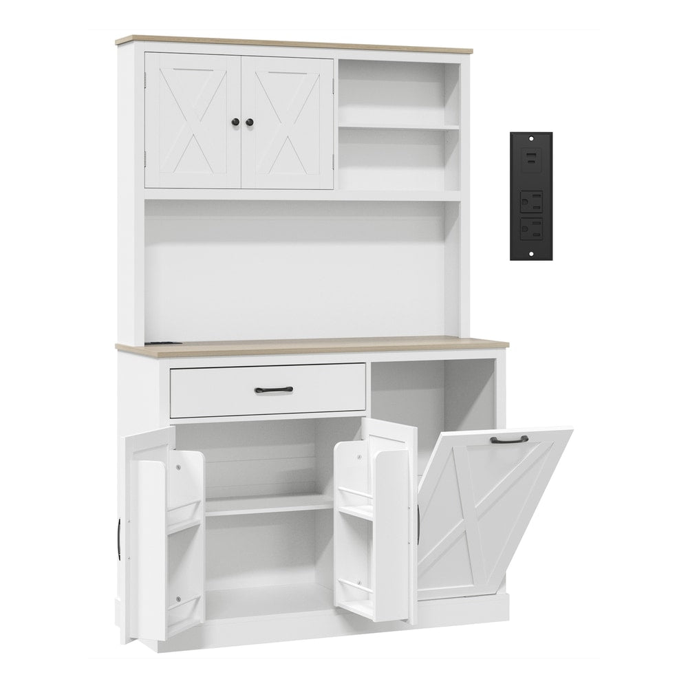 HOMCOM Pantry Cabinet with Charging Station, Microwave Stand, Rubbish Bin Cabinet, Adjustable Shelves, Barn Style Doors, White
