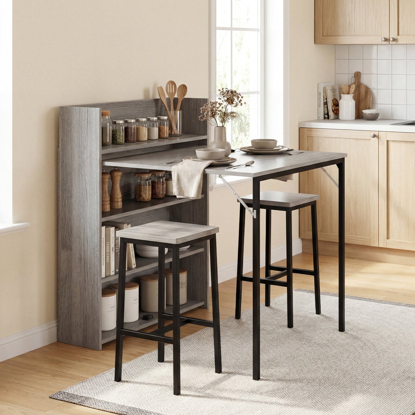 طاولة مطبخ من HOMCOM، طاولة طعام قابلة للطي، مع 4 رفوف، طاولة عصرية قابلة للطي، بتأثير خشبي رمادي