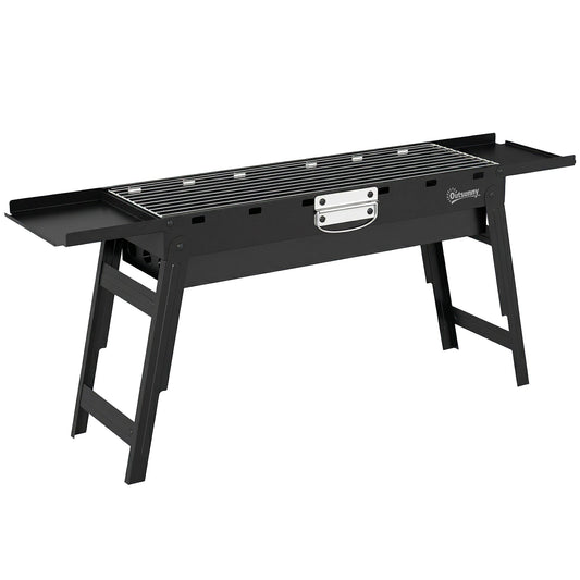 Outsunny Portable BBQ Grill, Foldable Charcoal Grill for Camping and Picnics with 2 Side Shelves and Handle, Black