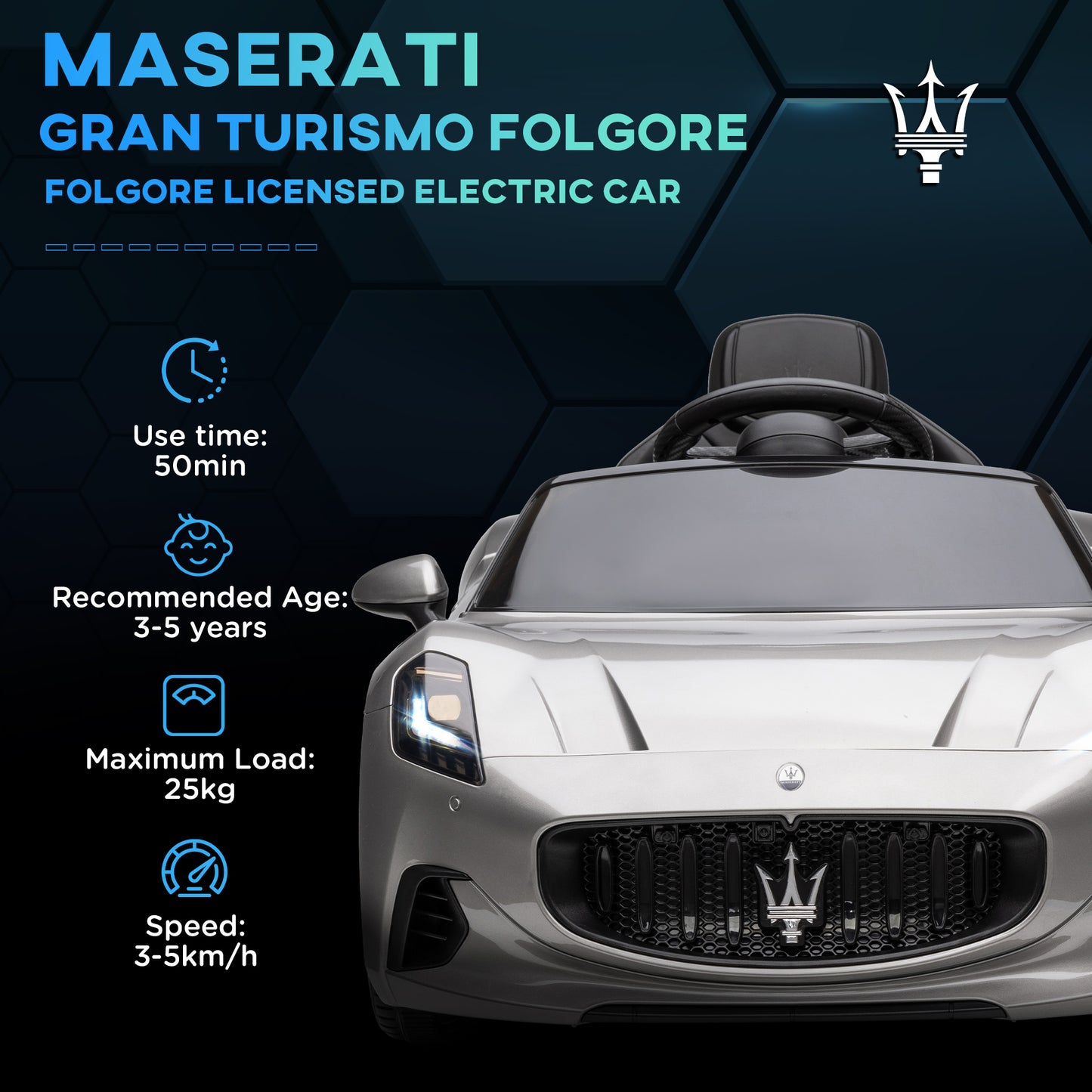 سيارة كهربائية للأطفال من AIYAPLAY Maserati Gran Turismo Folgore Lincesed بقوة 12 فولت مع جهاز تحكم عن بعد وبدء تشغيل ناعم، باللون الرمادي