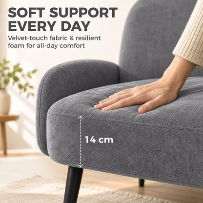 HOMCOM 132cm 2 Seater Sofa, Velvet Comfy Small Sofa Couch with Wide Seat, Thick Padding, Tapered Metal Legs, Light Grey