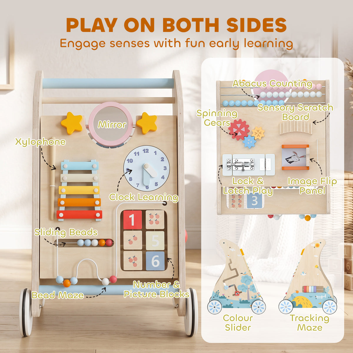 AIYAPLAY Wooden Baby Walker with Detachable Double-Sided Activity Board in a Natural Wood Finish