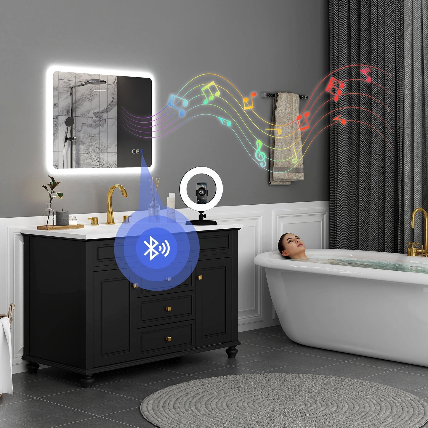 مرآة حمام LED من هوم كوم 80 × 60 سم، مع بلوتوث - لون فضي
