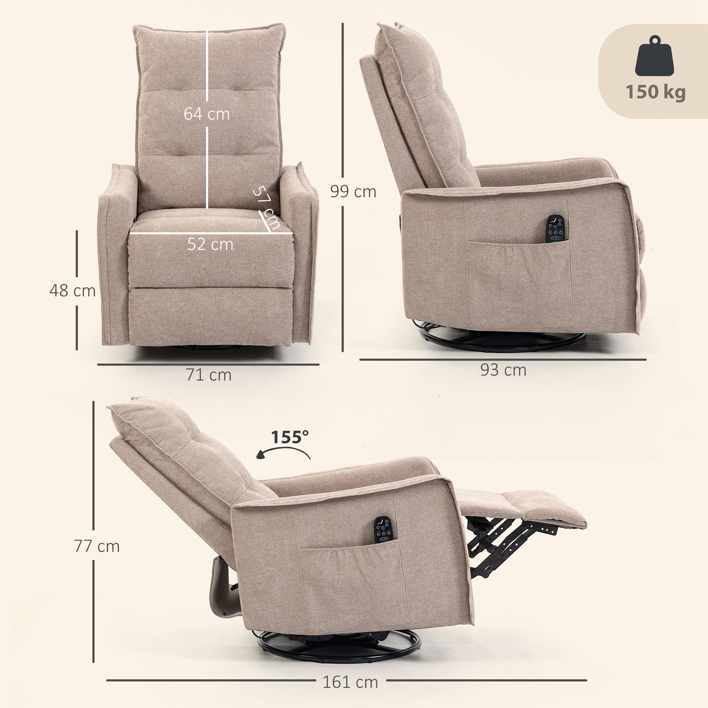 HOMCOM Recliner Armchair, Chenille Recliner Chair with Massage and Heat, 360 degrees Swivel Rocking Manual Recliner, Brown