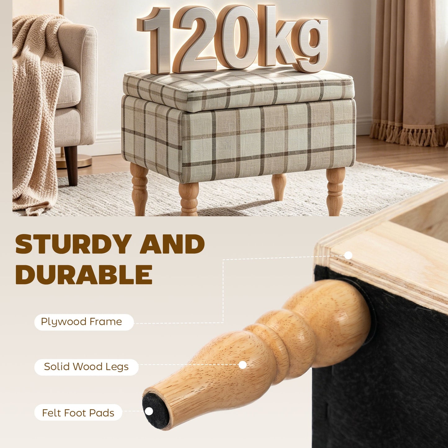 HOMCOM Linen Fabric Upholstered Footstool, Rectangular Storage Stool with Removable Top, Padded Seat and Hidden Space, Brown
