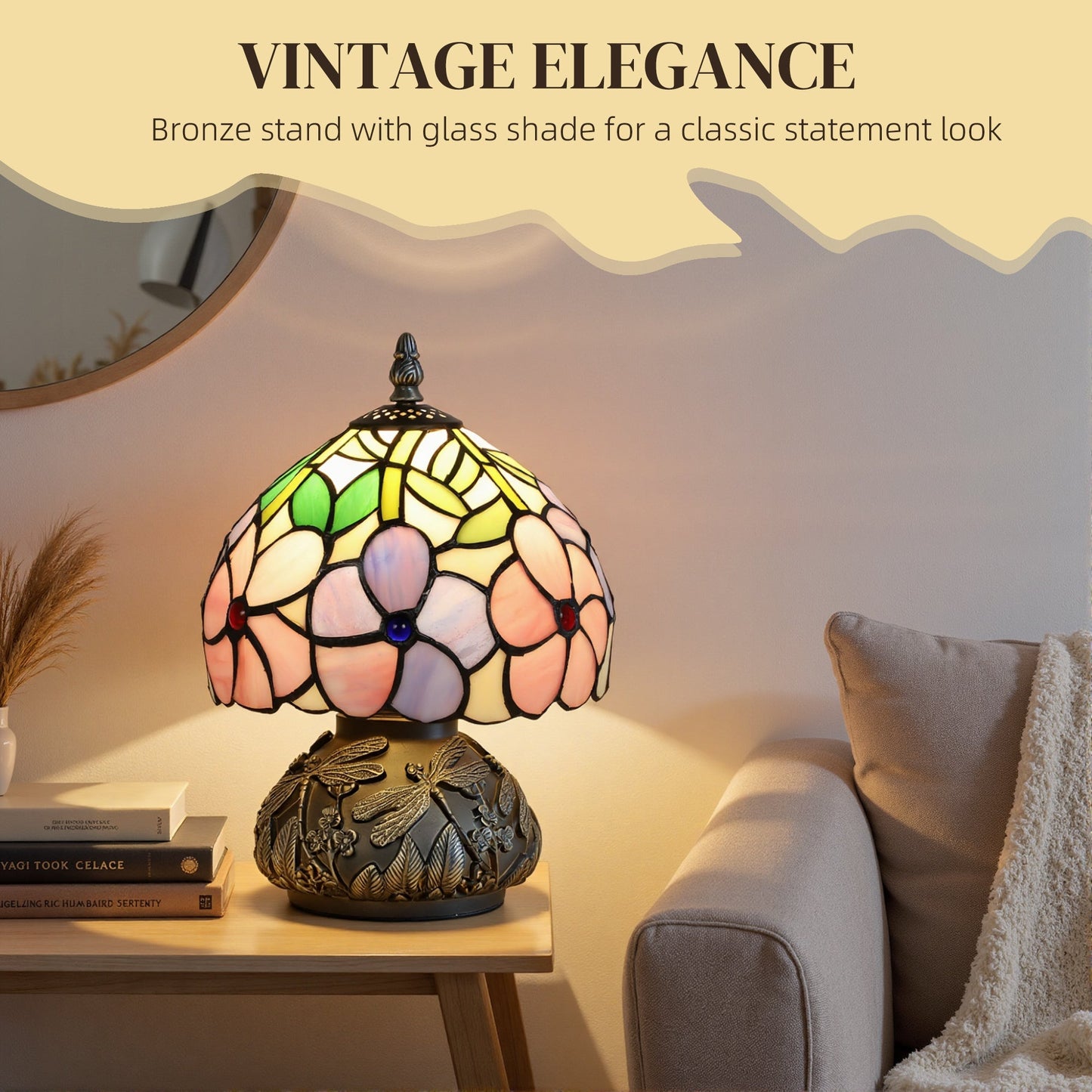 HOMCOM Tiffany-Style Table Lamp with Sculpted Dragonfly Base, Handcrafted Antique Stained Glass Bedside Lamp for Living Room and Bedroom, E27 Socket, Pink