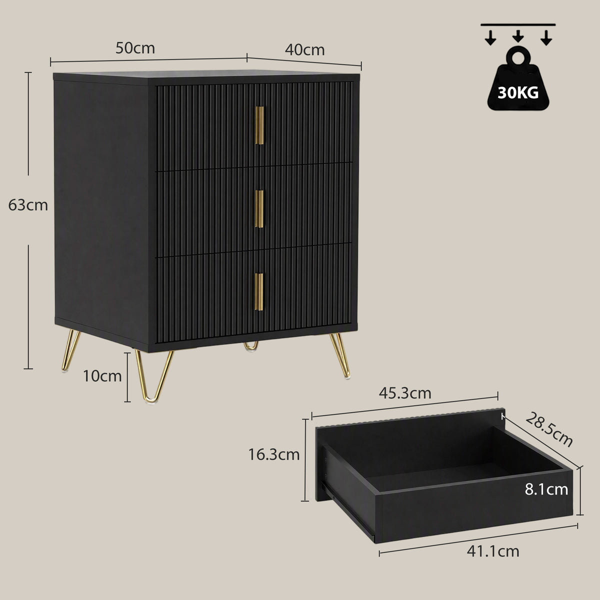 HOMCOM Modern 3-Drawer Dresser in Black