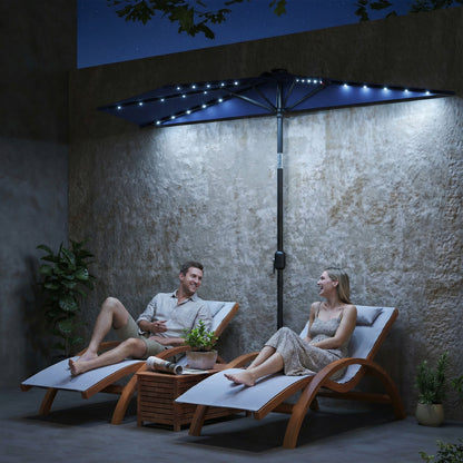 مظلة حديقة نصف دائرية من Outsunny مقاس 2.6 متر مع أضواء LED تعمل بالطاقة الشمسية، مظلة نصف دائرية UPF50+ بإمالة 30 درجة، ومقبض كرنك، لون أزرق داكن