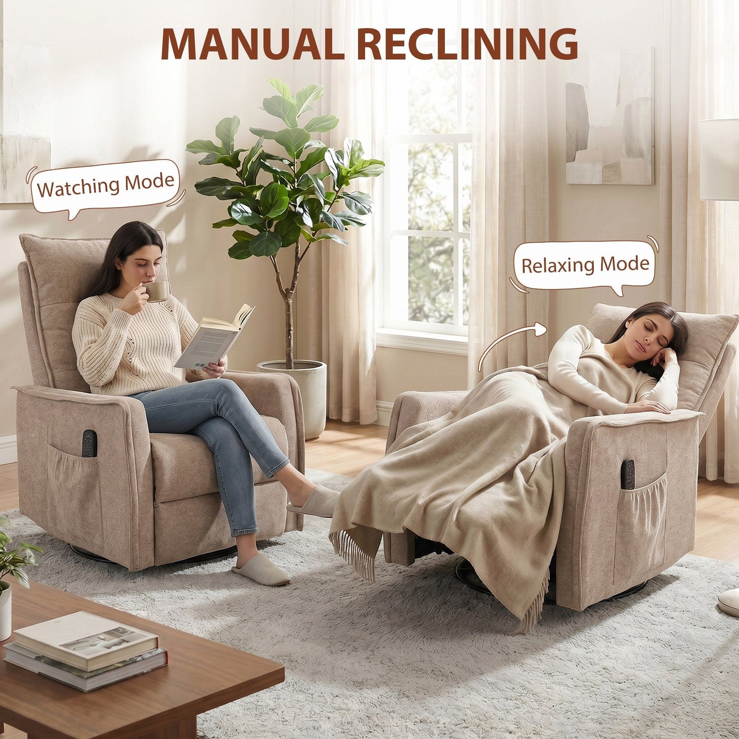 HOMCOM Recliner Armchair, Chenille Recliner Chair with Massage and Heat, 360 degrees Swivel Rocking Manual Recliner, Brown