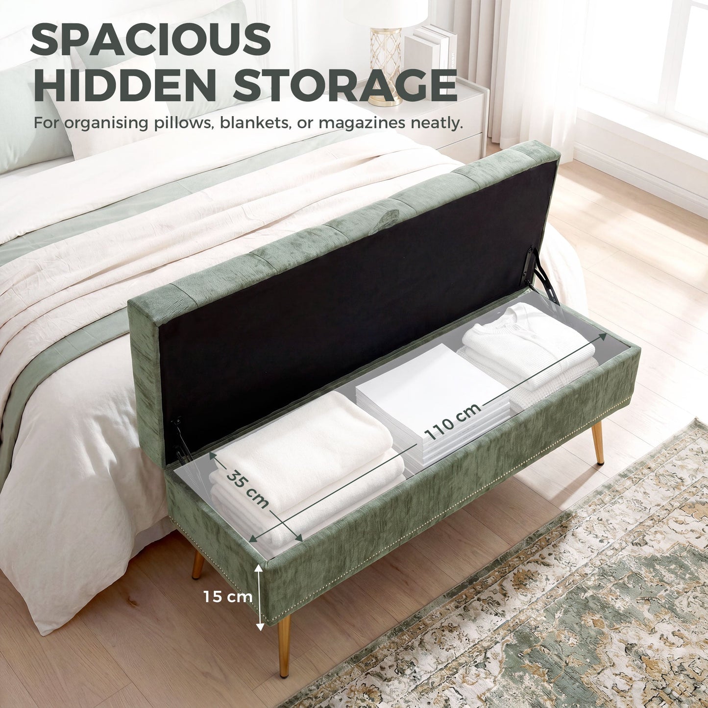 HOMCOM Storage Ottoman, Chenille Upholstered Ottoman Storage Box with Padded Seat, Metal Legs, 114 x 41 x 45 cm, Light Green