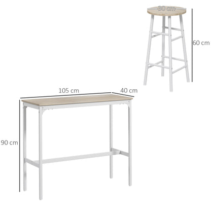 HOMCOM 3 Piece Bar Table Set with 2 Stools, Industrial Bar Table and Stool, Dining Table and Chair, Oak