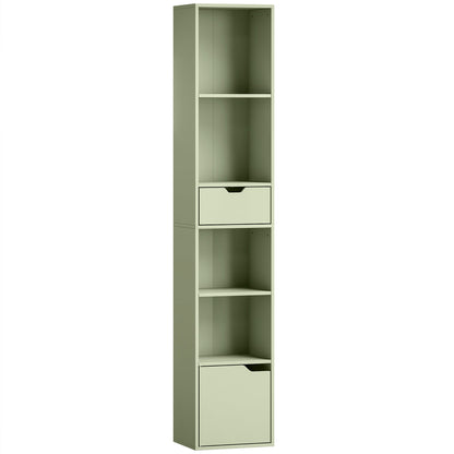 HOMCOM 6-Tier Bookcase, Tall Narrow Bookshelf with Drawer and Door - Green