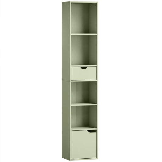 HOMCOM 6-Tier Bookcase, Tall Narrow Bookshelf with Drawer and Door - Green