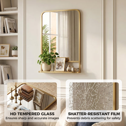 HOMCOM Modern Rectangular Wall Mirror with Storage Shelf, 70 x 50 cm, Gold Tone