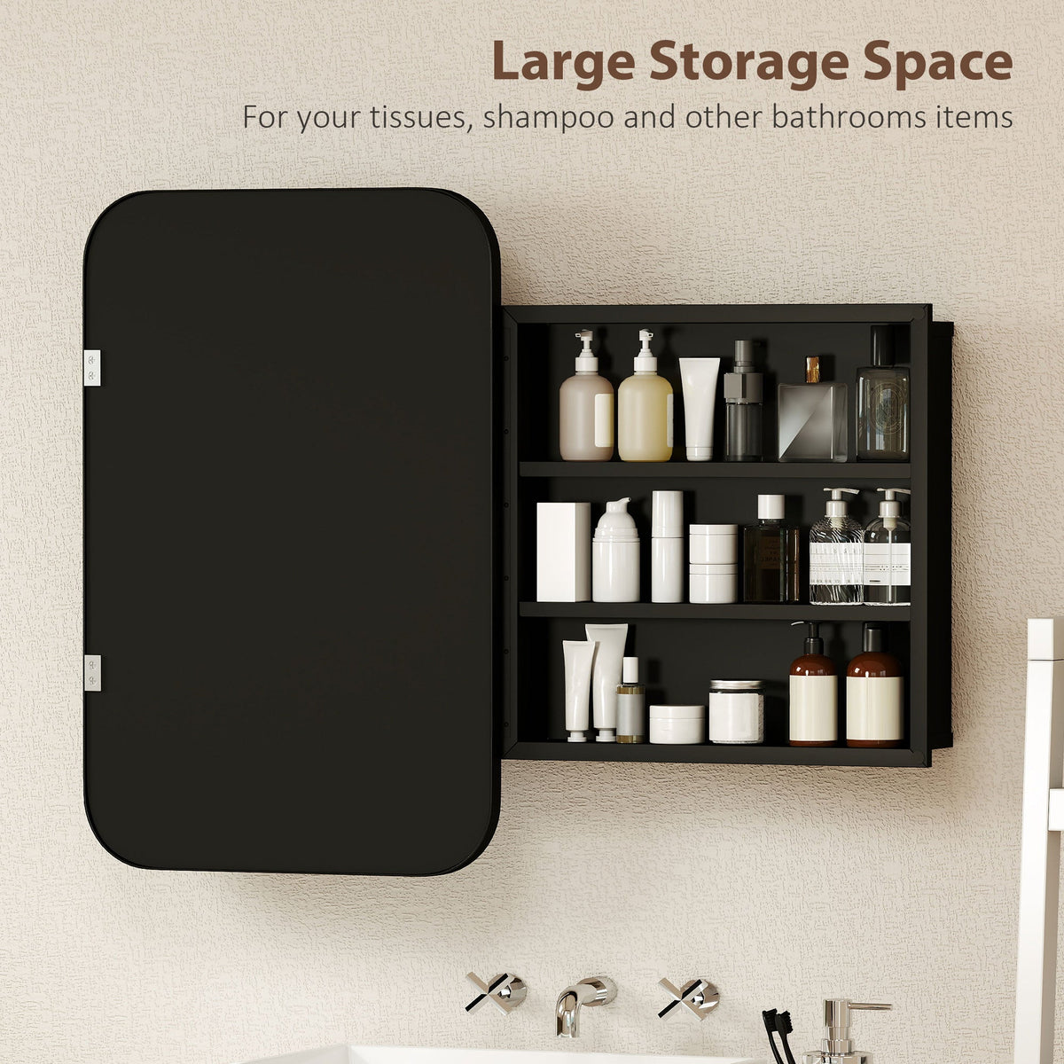 HOMCOM Bathroom Wall Cabinet with Tempered Mirror Metal Bathroom Mirror Cabinet with 3 Shelves Black