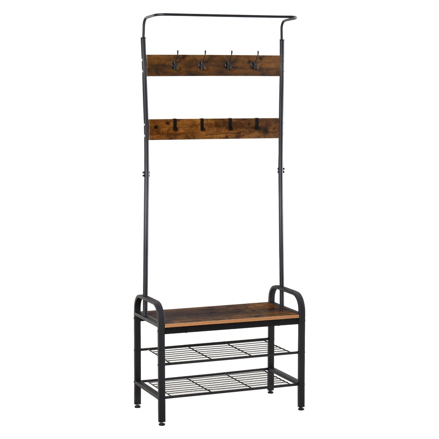 HOMCOM Coat Rack Stand Industrial hallway Shoe Rack Removable Hooks Metal Wood Hangers Storage Cabinet Rustic Brown 72L x 34W x 185H(cm)