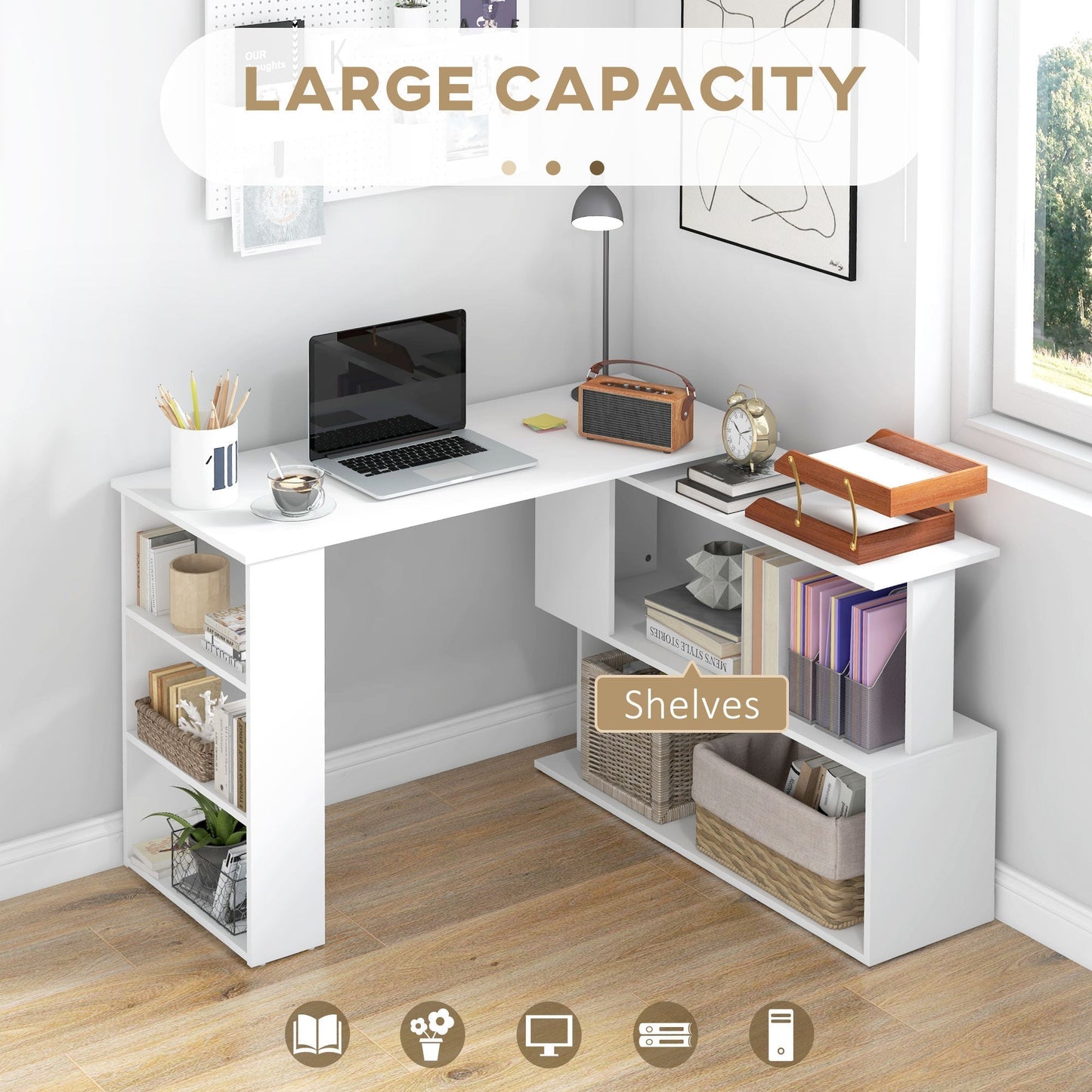 HOMCOM Corner Computer Desk, L Shaped Desk with 360 degrees Rotating Bookshelf, 120L x 110W x 74.5H cm, White