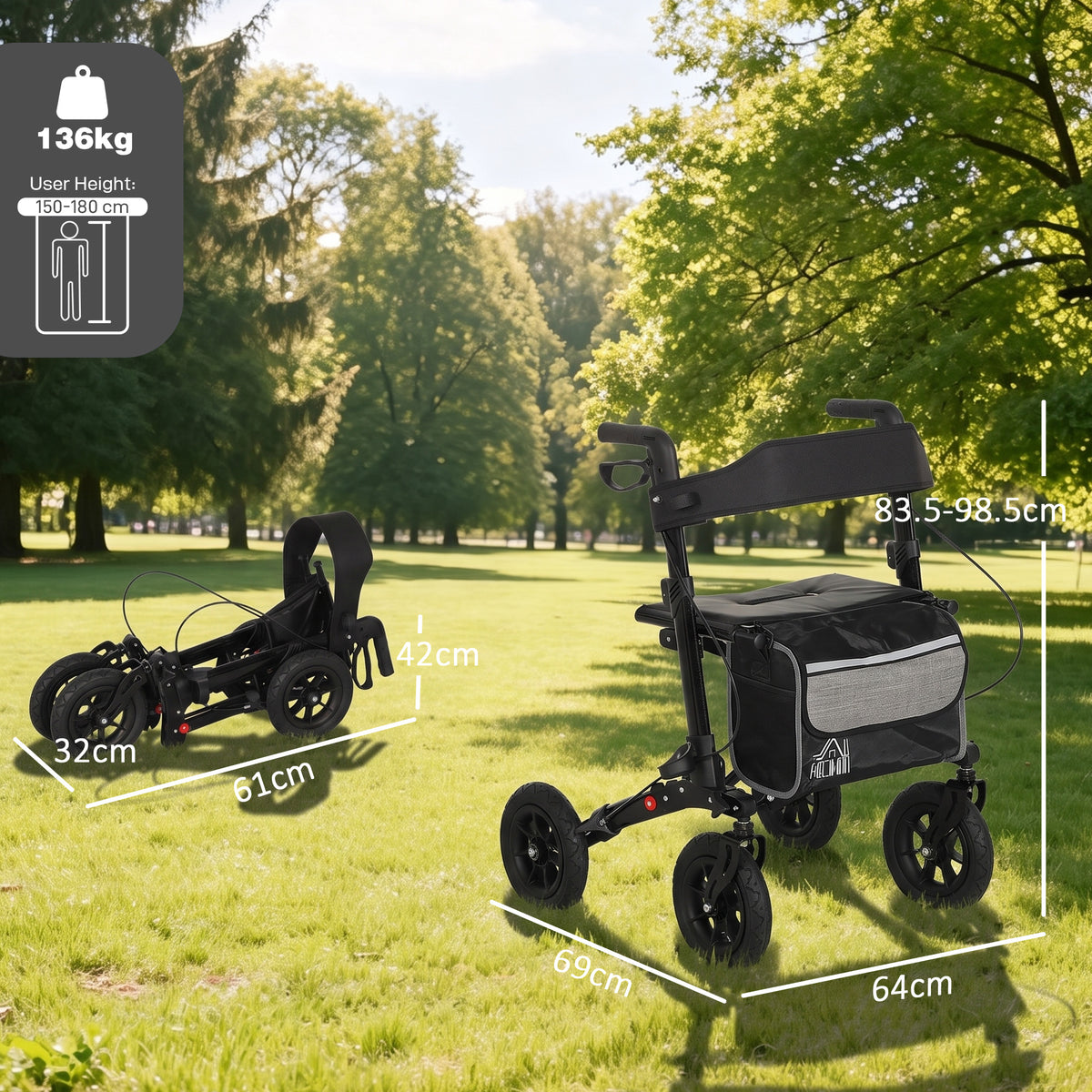 HOMCOM Folding Rollator Walker with Padded Seat in Black