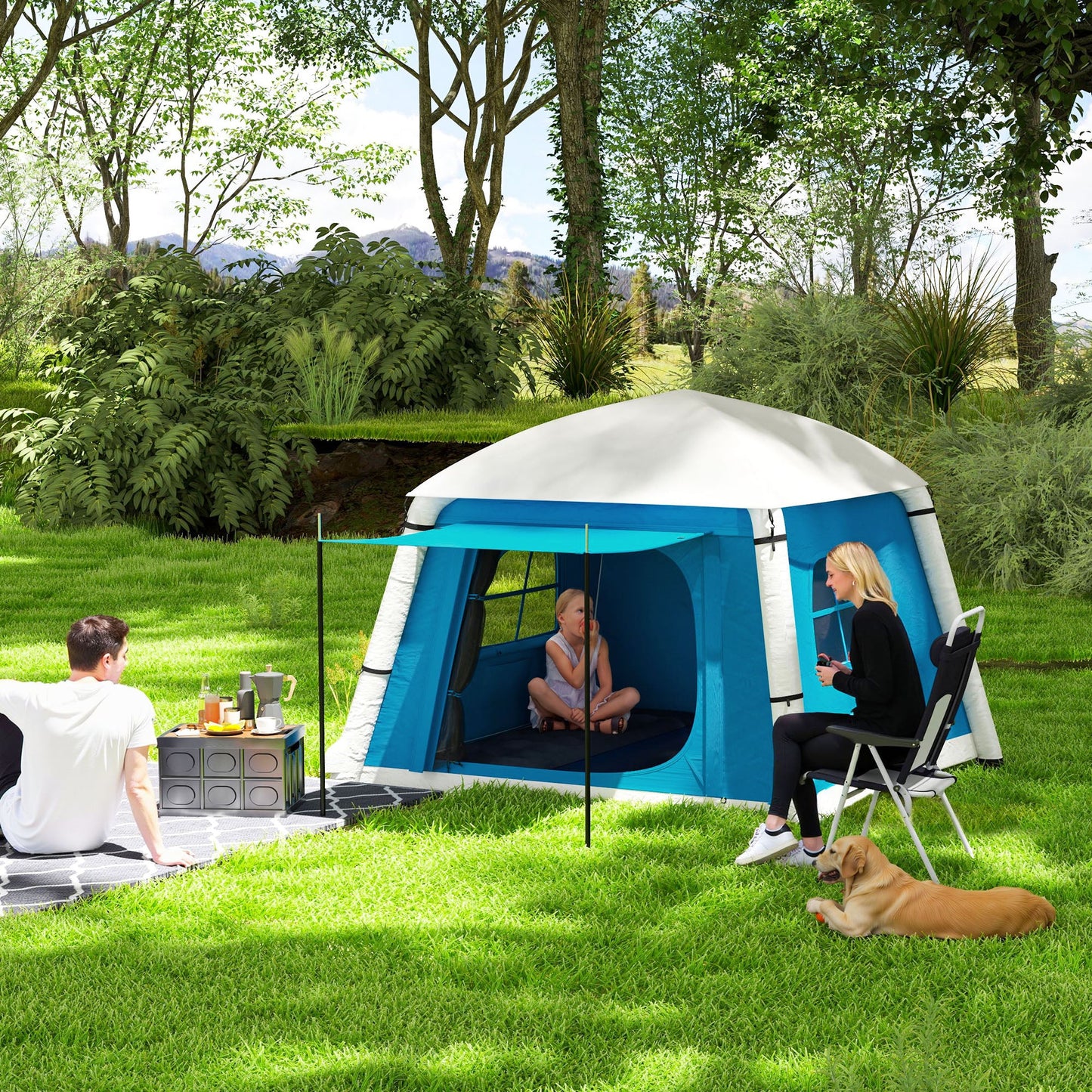 خيمة تخييم قابلة للنفخ من أوت سني مع مضخة يدوية، سهلة التركيب لشخص أو شخصين، خيمة قابلة للنفخ ومقاومة للماء من قماش التفتا 190T مع نوافذ شبكية وأبواب وحقيبة حمل، لون أزرق فاتح