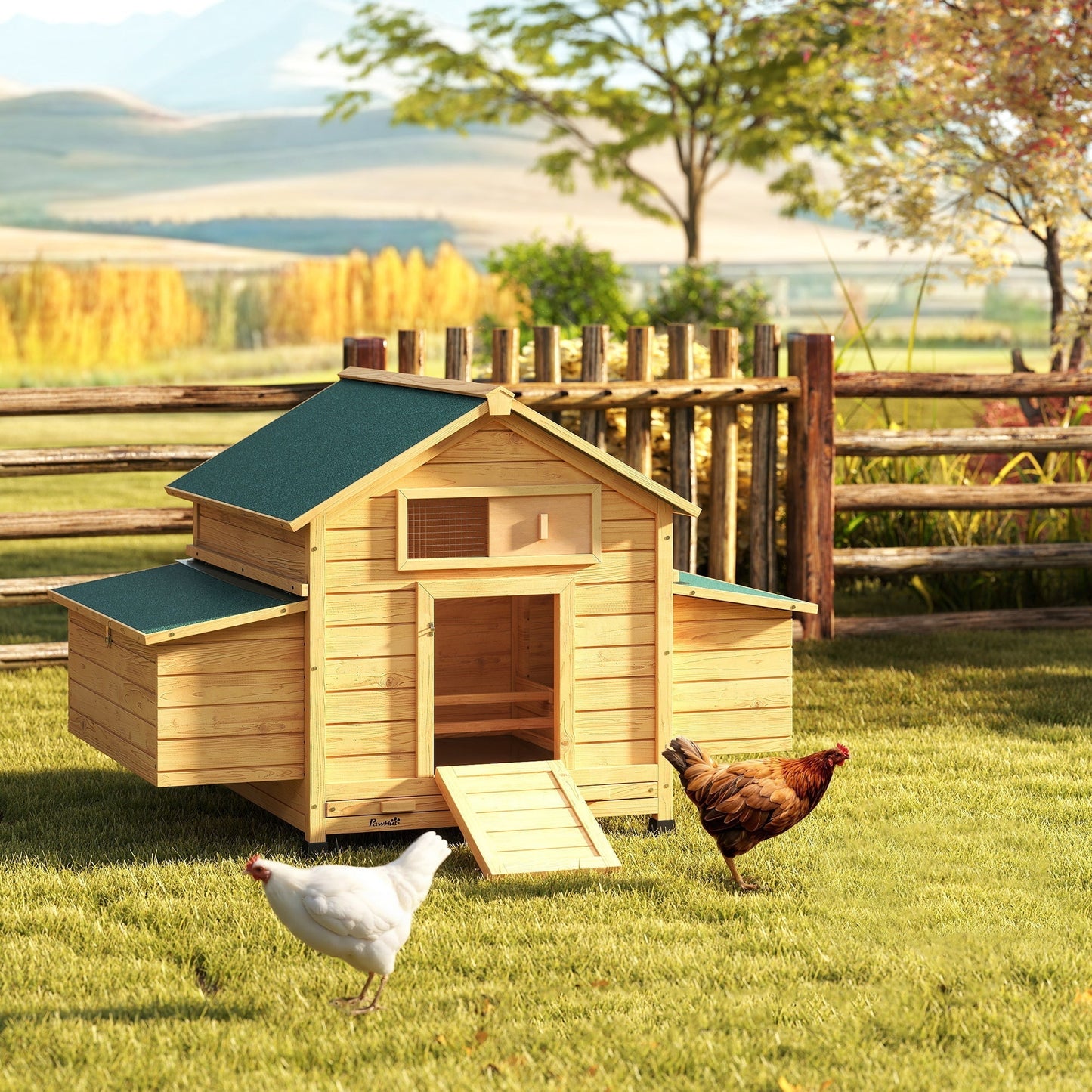 PawHut Chicken Coop, Wooden Outdoor Hen House with Nesting Box, Openable Waterproof Top, Pull-Out Tray, 150 x 100 x 97cm
