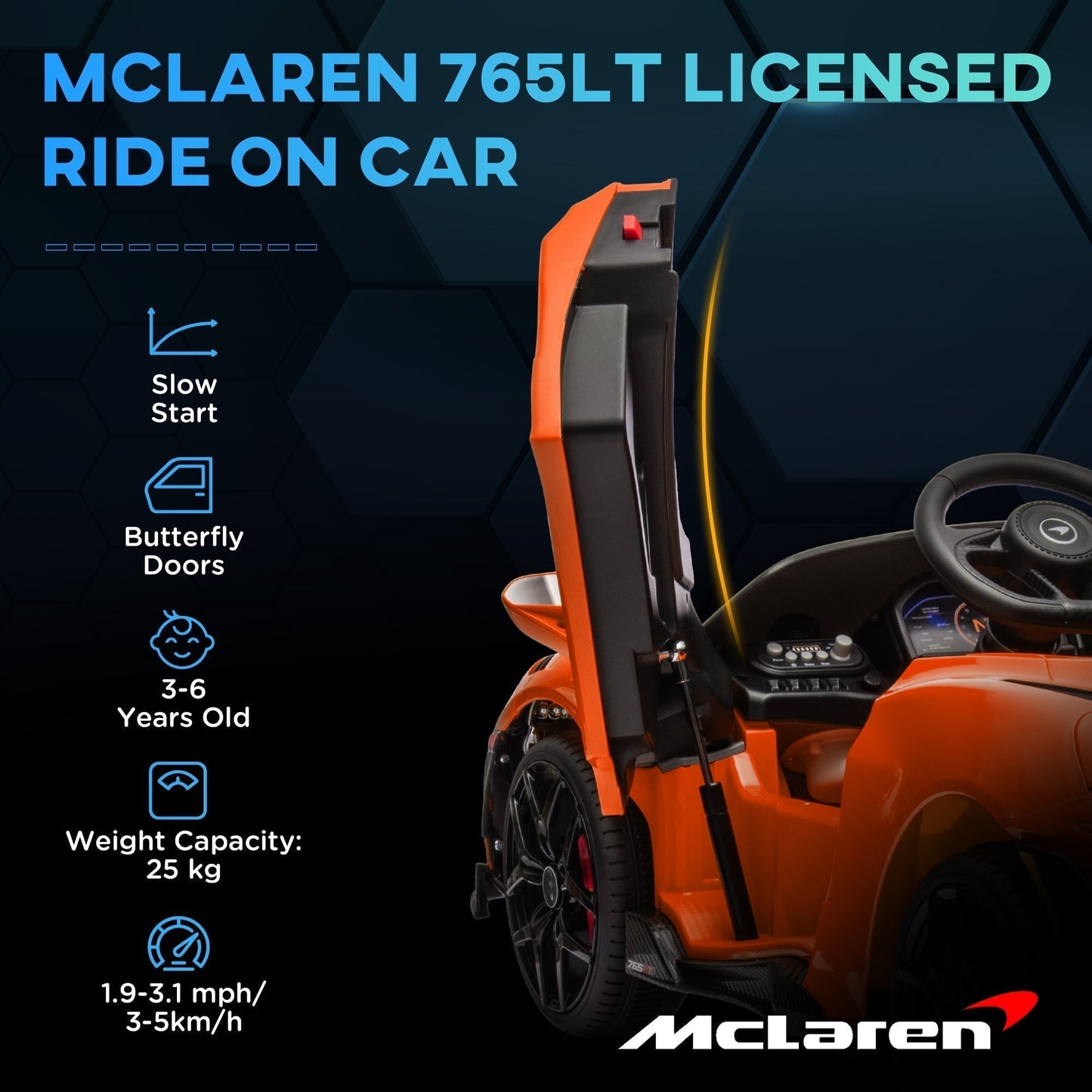 سيارة أطفال كهربائية من AIYAPLAY McLaren 765LT مرخصة بقوة 12 فولت مع أبواب فراشة، وجهاز تحكم عن بعد، وعجلات نقل، لون برتقالي