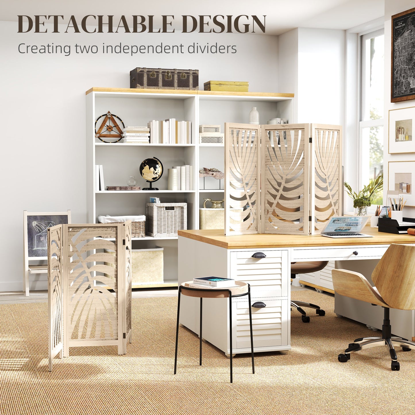 قاسم غرفة من 3 ألواح من هومكوم، فواصل خصوصية قابلة للطي قابلة للفصل بتصميم ورقة النخيل للمنزل والمكتب، بلمسة نهائية خشبية طبيعية