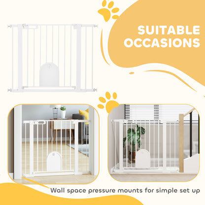 PawHut Dog Gate with Cat Flap Pet Safety Gate Barrier, Stair Pressure Fit, Auto Close, Double Locking, for Doorways, Hallways, 75-103 cm White