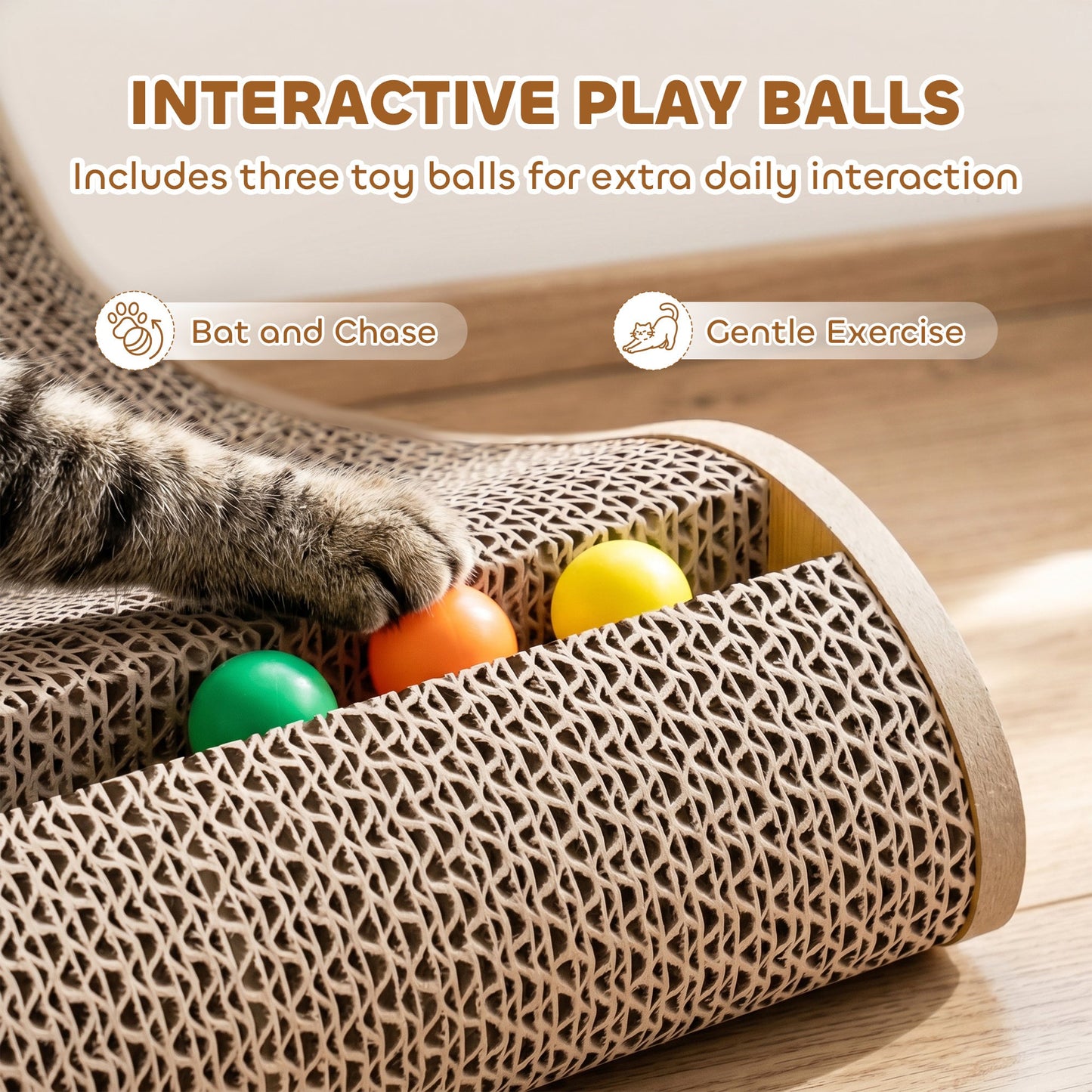 PawHut Cat Scratching Board Wall Mounted Cat Scratcher Corrugated 3 Toy Balls 39 x 23.5 x 57.5 cm Brown