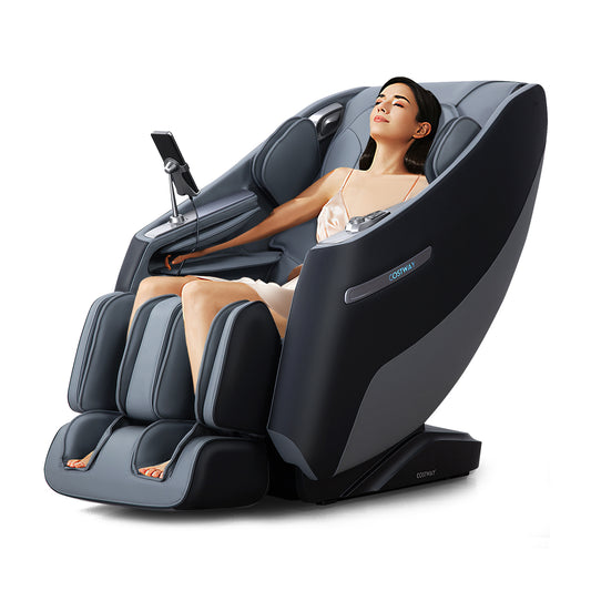 The massage chair in use with a woman sitting back and relaxing in the reclined position