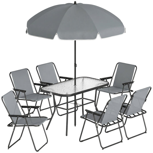 طقم طعام حديقة 8 قطع من Outsunny مع مظلة، طقم أثاث حديقة مع 6 كراسي قابلة للطي، طاولة زجاج مقوى للفناء رمادي
