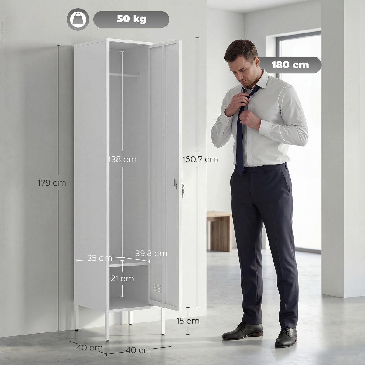 HOMCOM Metal Locker Cabinet with Hanging Rod in White