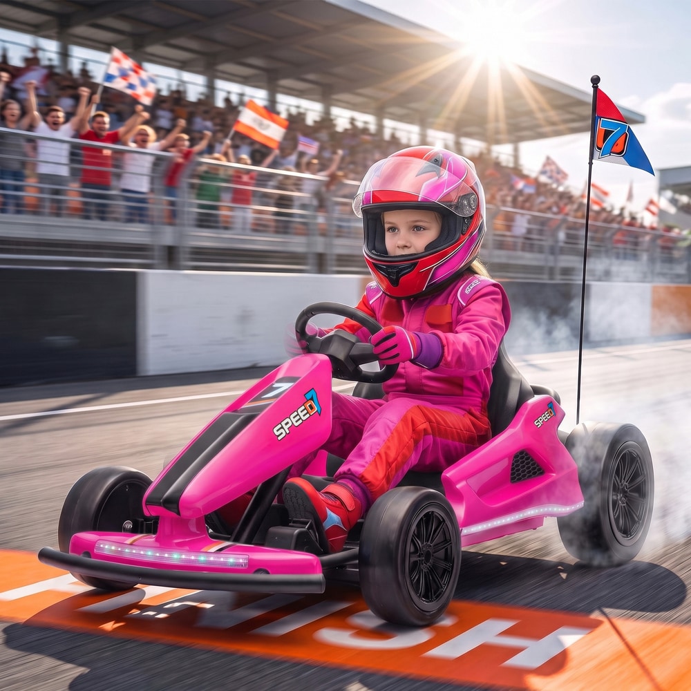 AIYAPLAY 24V Electric Drift Go Kart for Kids with Dual Motors, Soft Start, 12 KM/H High Speed, Headlight, for Ages 6-14, Pink