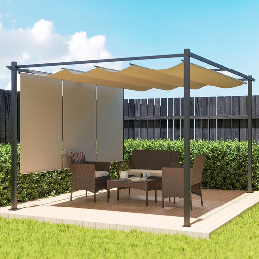 برجولة معدنية من أوتساني 3 × 4 متر بسقف قابل للسحب وستارة دوارة، برجولة معرش حديقة مثبتة على الحائط أو قائمة بذاتها، مجموعة برجولة، مظلة شمسية خارجية بعامل حماية من الأشعة فوق البنفسجية 30+، بيج