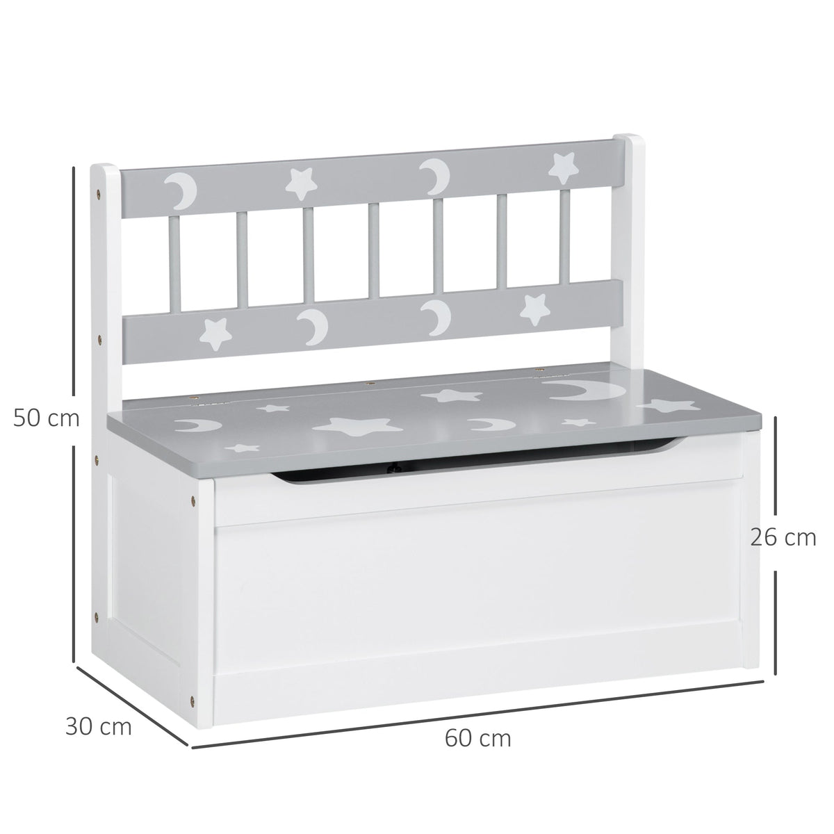 The kids storage bench is white with a grey backrest and lid decorated with stars and moons