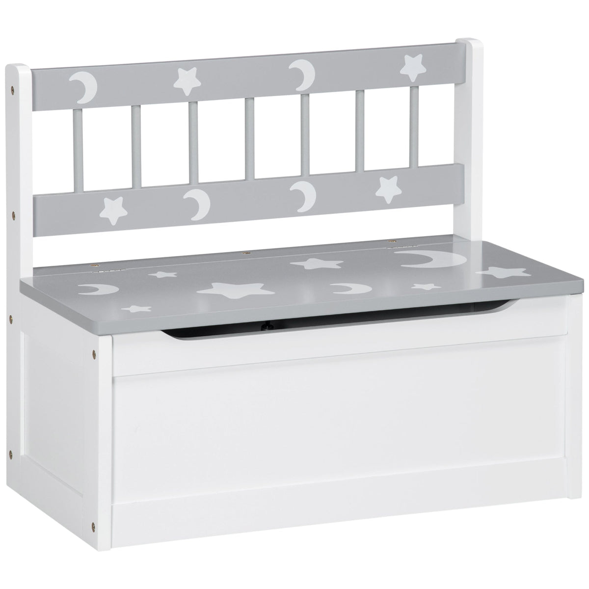 ZONEKIZ 2 In 1 Kids Storage Bench, a white toy box with a grey lid and backrest decorated with stars and moons