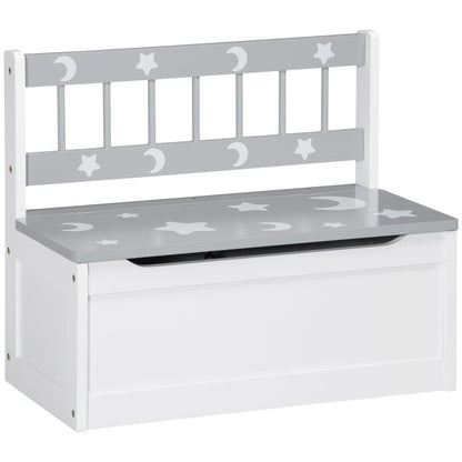 ZONEKIZ 2 In 1 Kids Storage Bench, a white toy box with a grey lid and backrest decorated with stars and moons
