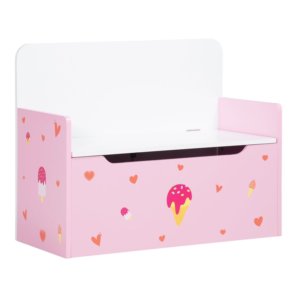 ZONEKIZ 2-in-1 Kids Storage Bench, a pink toy box with ice cream and heart decorations