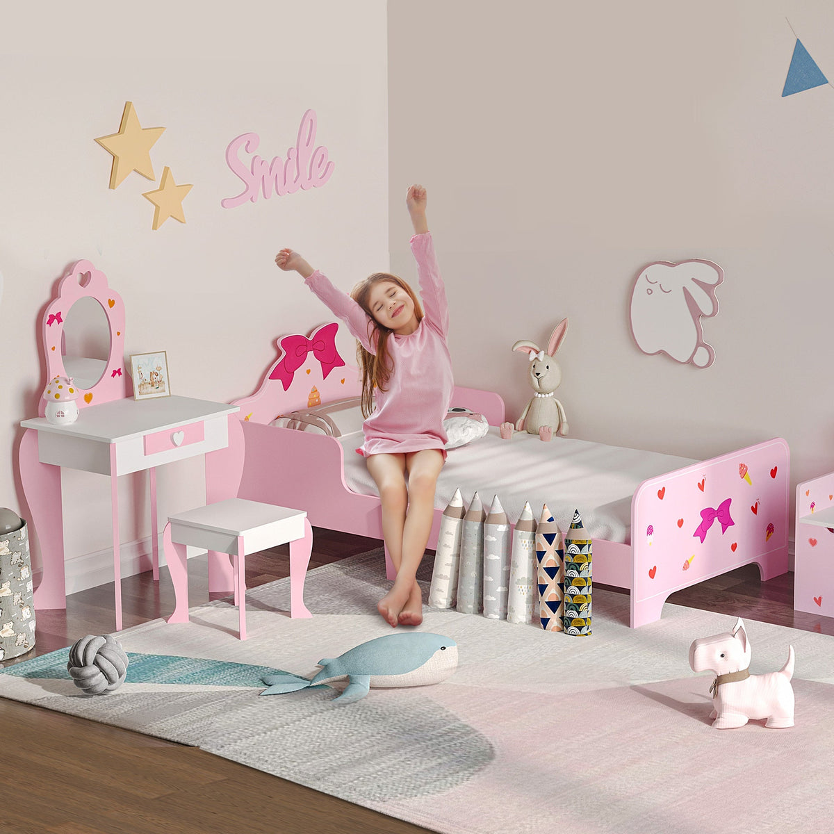 This pink princess-themed kids bed, dressing table and stool are shown in a child's bedroom with a girl stretching in the bed