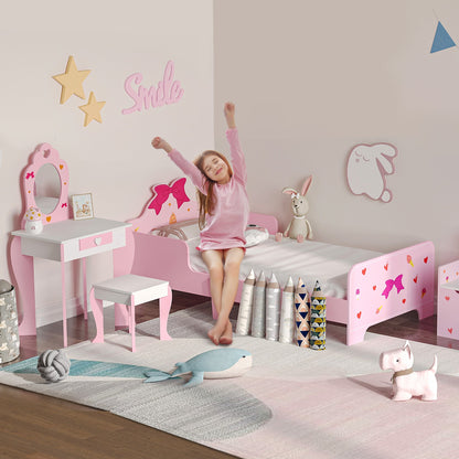 This pink princess-themed kids bed, dressing table and stool are shown in a child's bedroom with a girl stretching in the bed