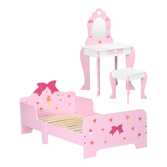 ZONEKIZ 3PCs Kids Bedroom Furniture Set with Bed, a pink princess-themed bed, dressing table and stool