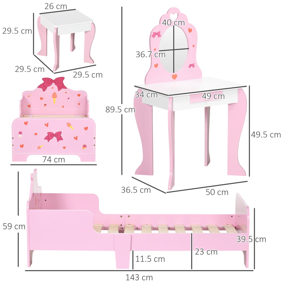 Dimensions for the pink princess-themed kids bed, dressing table and stool