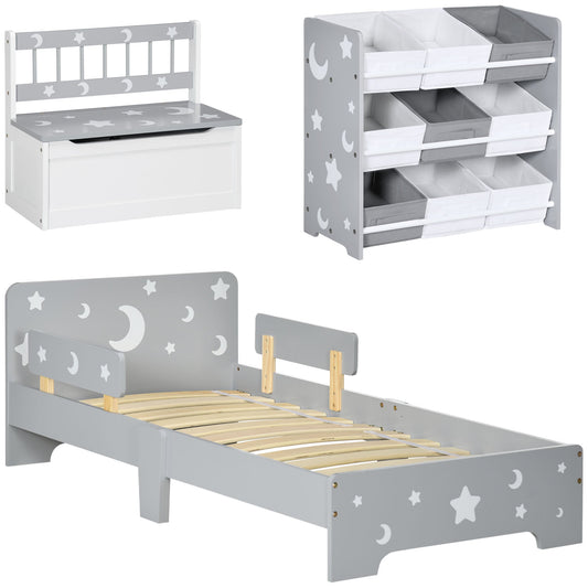 ZONEKIZ 3PCs Kids Furniture Bedroom Set with Bed including a toy box bench and a storage unit