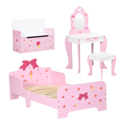 ZONEKIZ 4PCs Kids Bedroom Furniture Set with Bed, toy box bench, dressing table and stool in pink